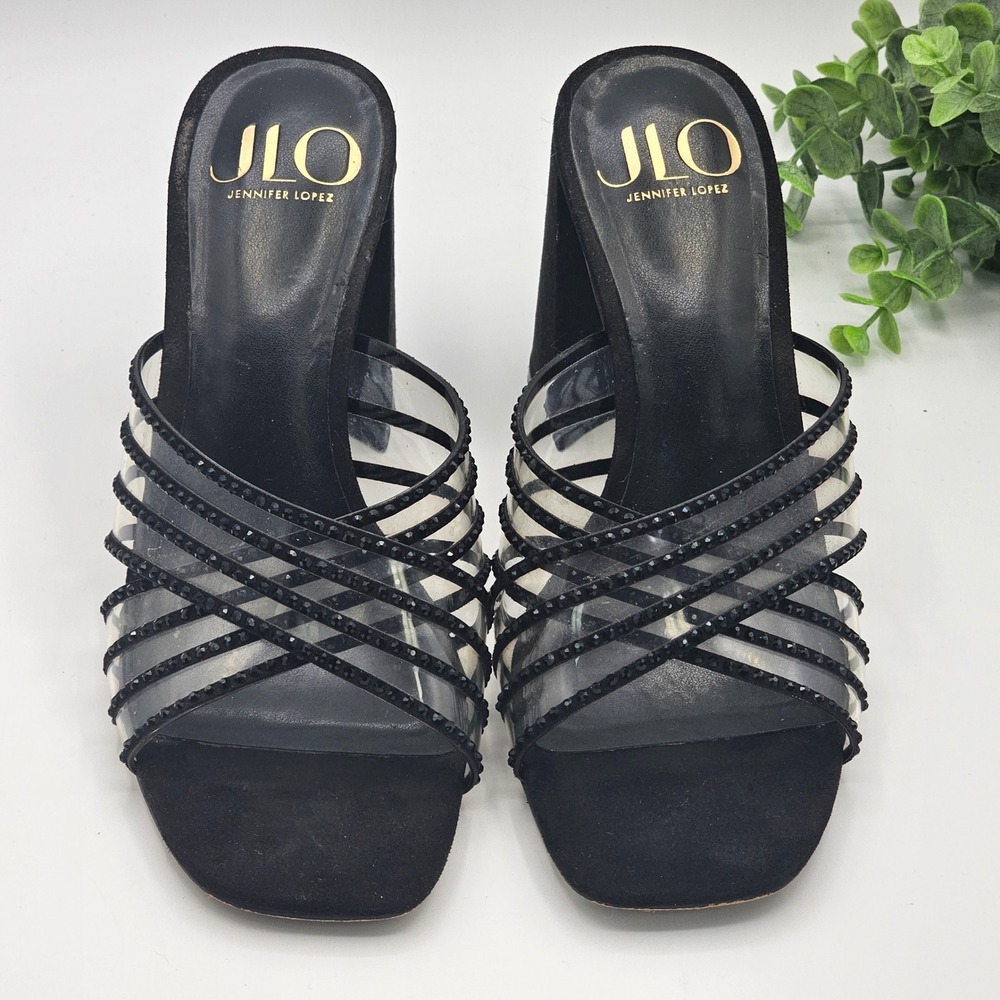 JLO Jennifer Lopez Tanel Heels Mules Clear Black Rhinestone Straps 7.5‎ Slip On